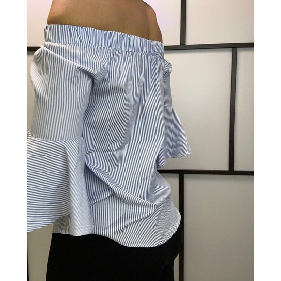 Off shoulder top blue white stripe flare sleeves size S - Picture 3 of 3